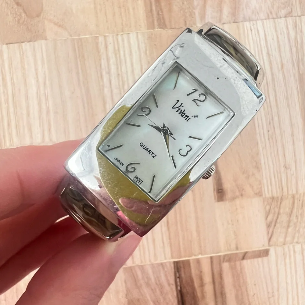 Vivani ladies silver tone and abalone cuff bracelet watch NEW BATTERY